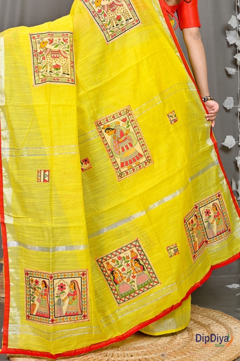 Yellow Cotton Blended Parija Applique Saree (320)